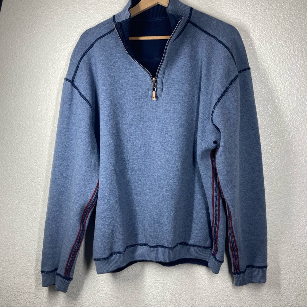 Tommy Bahama Mens Sweater Large Blue Half-Zip Red Stripes Cotton - Picture 2 of 13